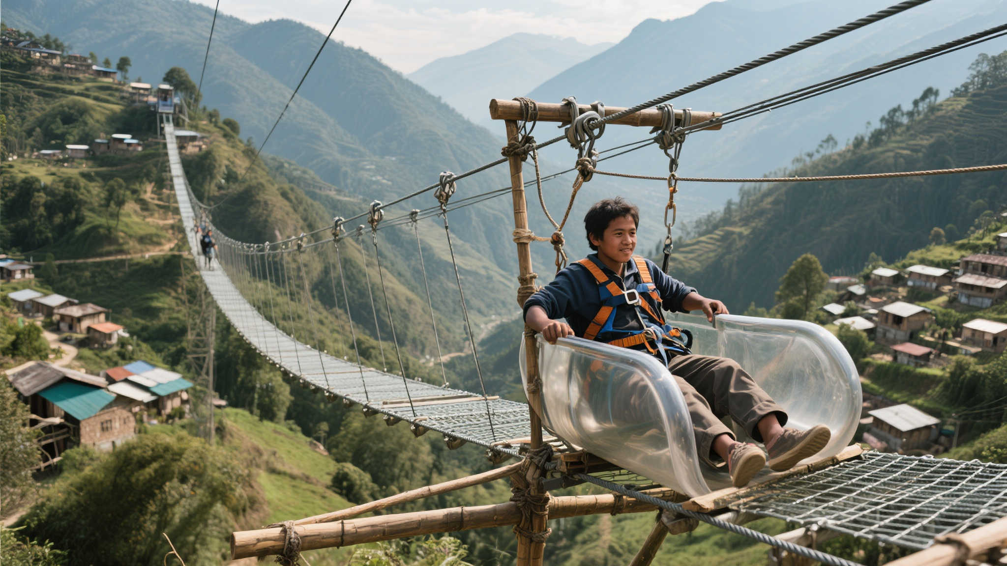 哥伦比亚居民借助高空滑索，30秒跨越3小时步行路程